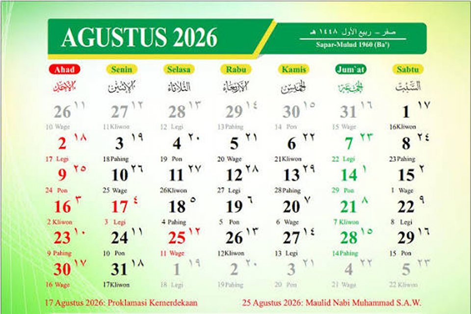Kalender Jawa 27 Agustus 2026 Lengkap dengan Weton 