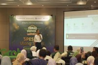 Sesi pemberian materi pemasaran digital melalui GrabAds bagi para Mitra GrabMerchant dalam acara Teras Perwira Spesial Ulang Tahun 2026 di Jakarta.
