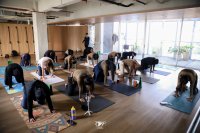 Suasana sesi yoga bersama media dalam rangka Hari Olahraga Nasional (HAORNAS) di Yoga Roots, Jakarta Selatan.