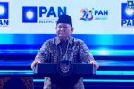 Presiden Prabowo Subianto saat berpidato dalam HUT ke-28 Partai Amanat Nasional (PAN) di Jakarta, Jumat (18/9).