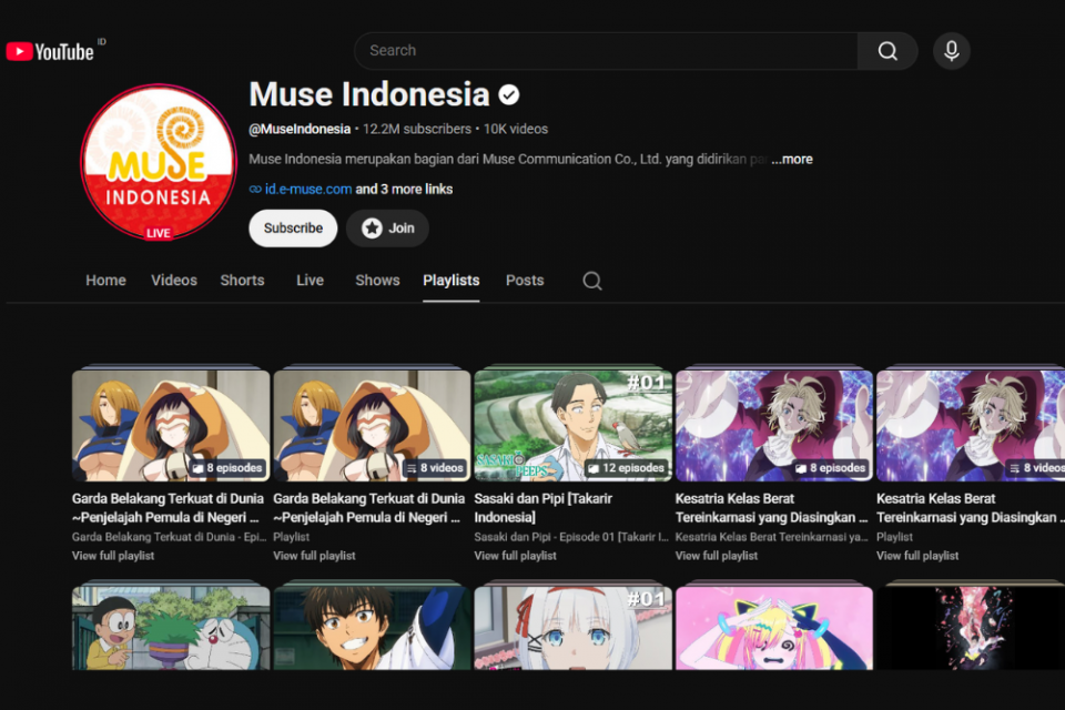 tampilan channel youtube Muse Indonesia untuk cara nonton anime gratis dan legal 