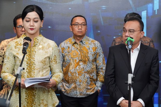 Keterangan pers perkembangan pasar modal Indonesia (Foto: Katadata/Fauza Syahputra)