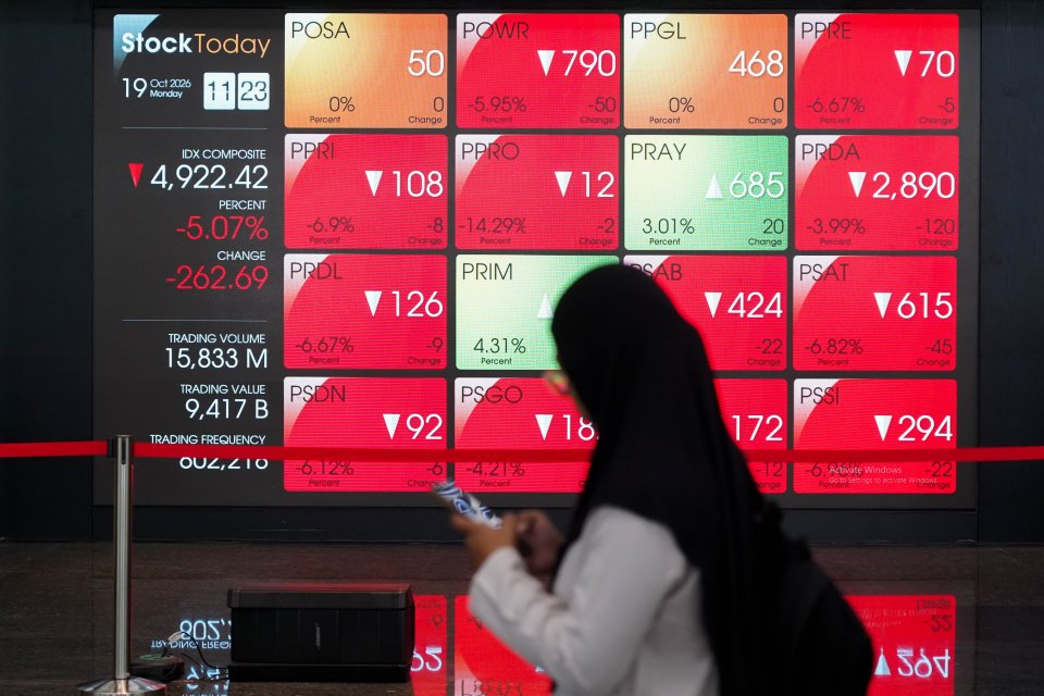 Pekerja berjalan di dekat layar digital yang menampilkan pergerakan Indeks Harga Saham Gabungan (IHSG) di Bursa Efek Indonesia (BEI), Jakarta, Senin (19/10/2026). IHSG anjlok 5,05% atau 261,84 poin ke level 4.923 pada perdagangan sesi pertama dengan seban