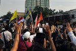 Demonstrasi mahasiswa di Tugu Tani, Jakarta Pusat, Selasa (20/10).