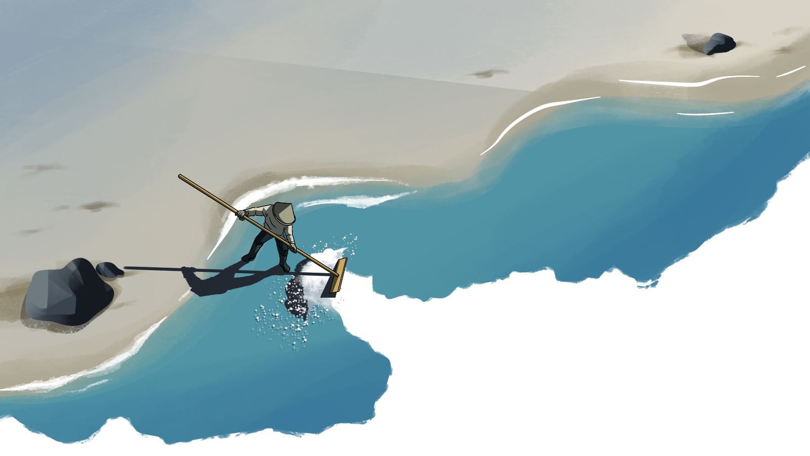 Ilustrasi: seorang petambak menggaruk garam di tepi pantai.
