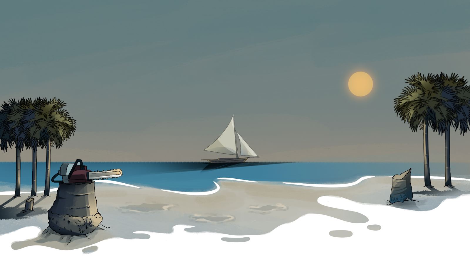 Ilustrasi: tunggul pohon lontar dengan gergaji mesin di pantai, pohon-pohon lontar, dan kapal layar di laut.