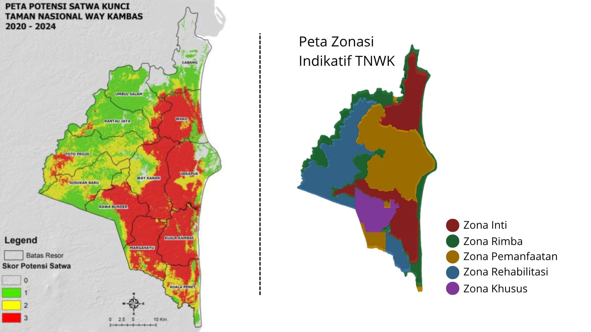 Peta tumpang tindih zona pemanfaatan indikatif dengan wilayah kepadatan satwa kunci tinggi di TN Way Kambas